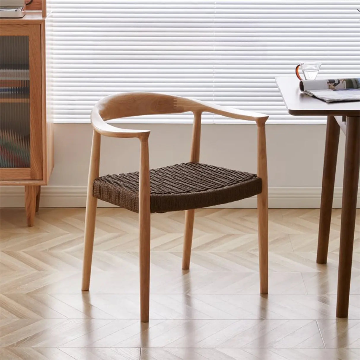 Living Room Braided Rope Open Wood Dining Chair Beige Image - 15