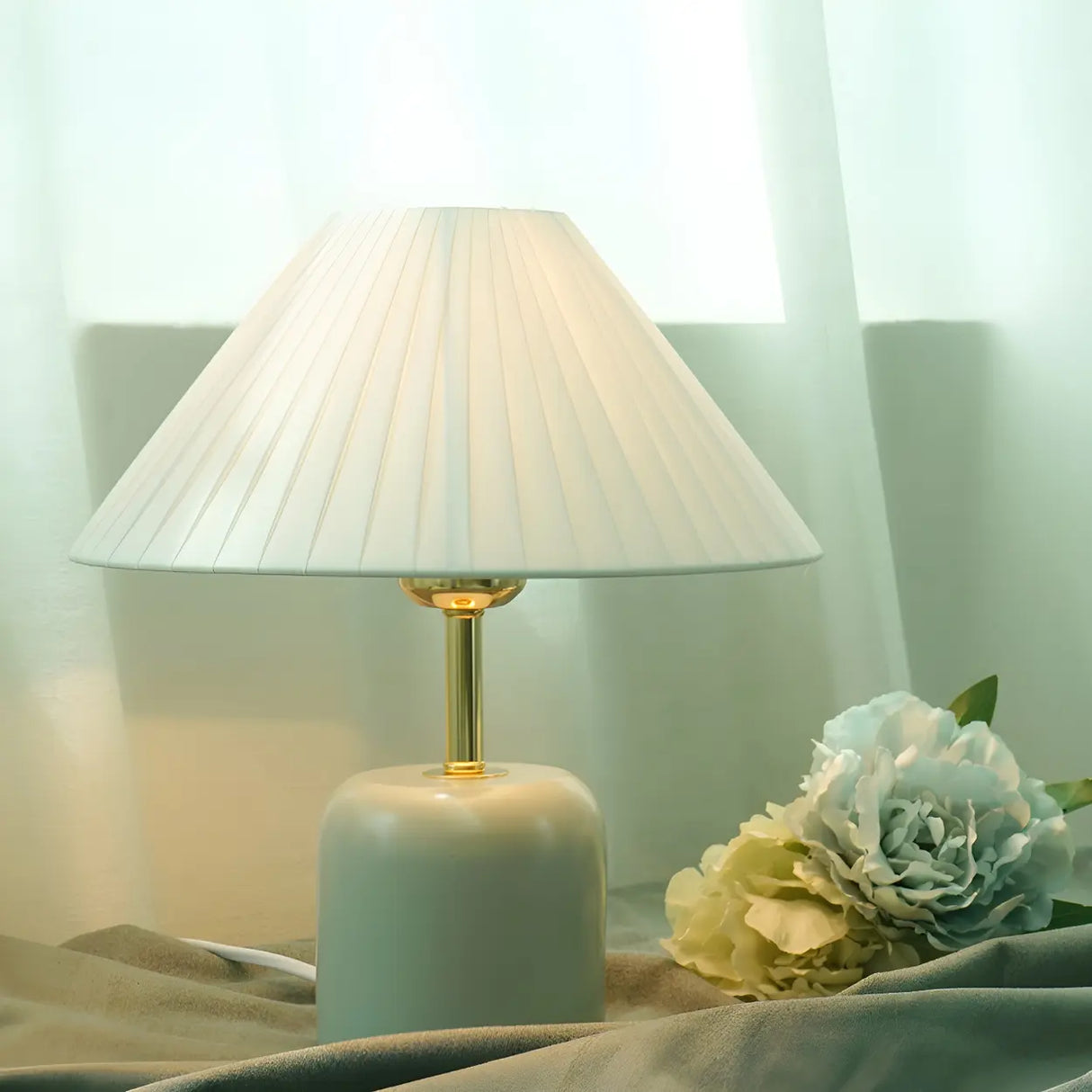 Living Room Elegant Cone Fabric Ceramic Table Lamp Image - 3