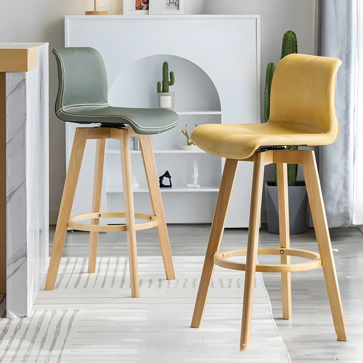 Living Room Faux Leather Saddle Seat Backrest Wood Bar Stool