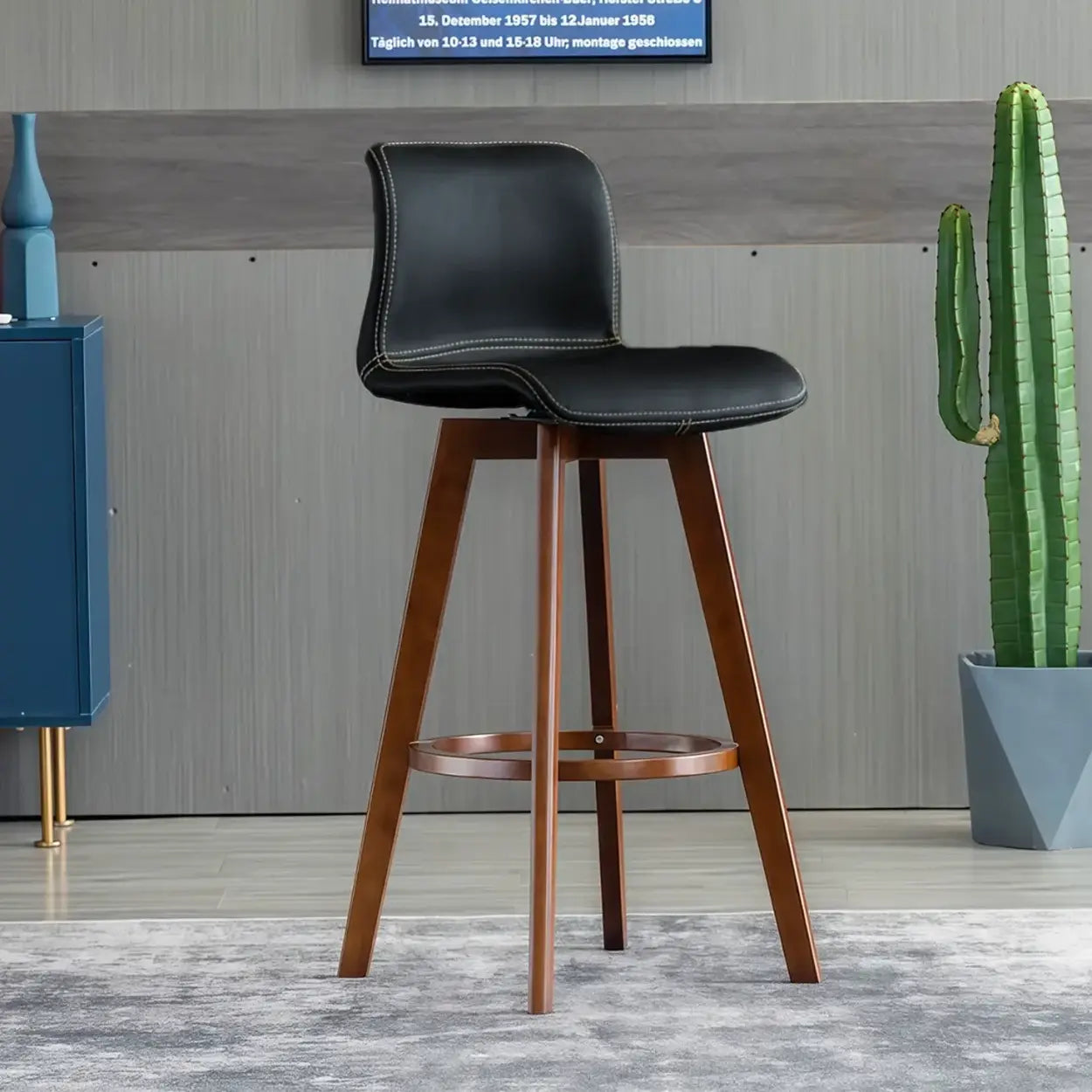 Living Room Faux Leather Saddle Seat Backrest Wood Bar Stool