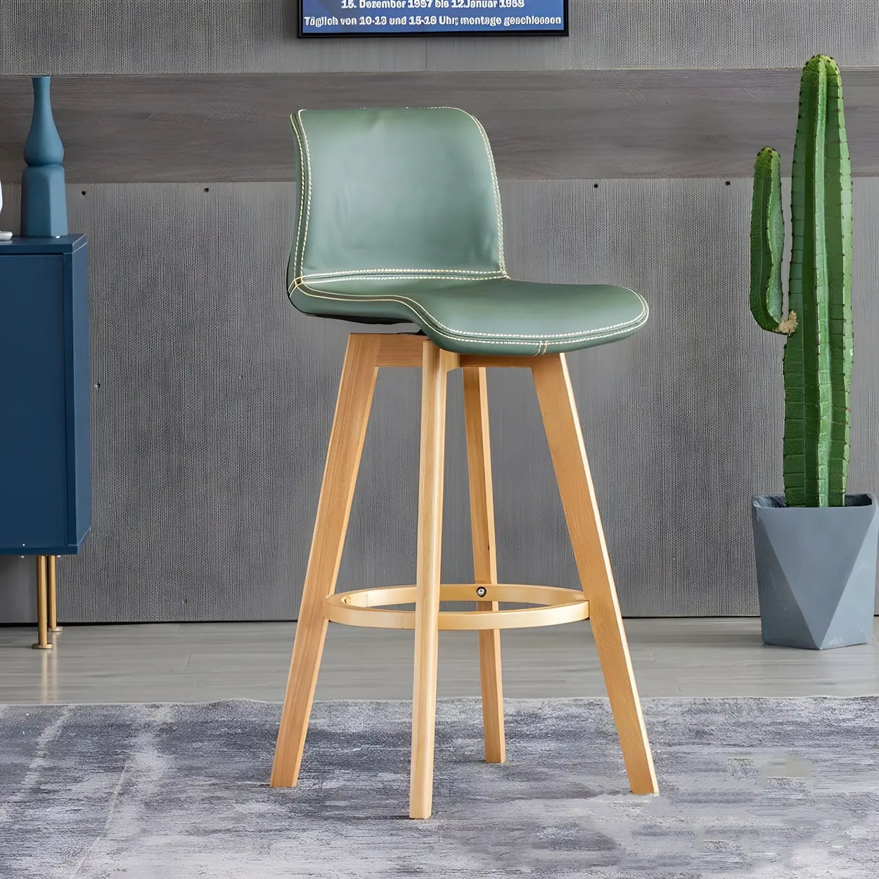 Living Room Faux Leather Saddle Seat Backrest Wood Bar Stool