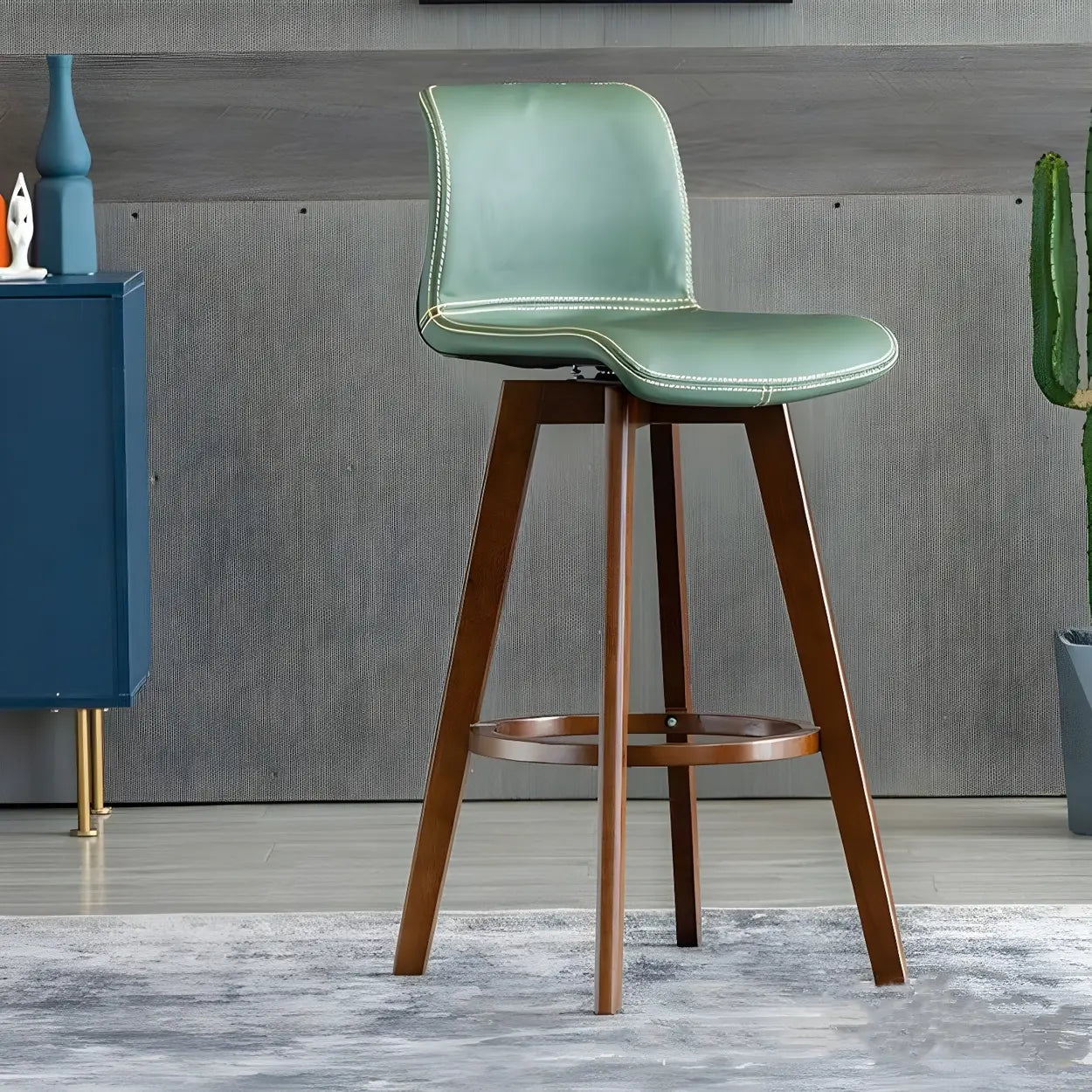 Living Room Leather Saddle Seat Backrest Wood Bar Stool Image - 4
