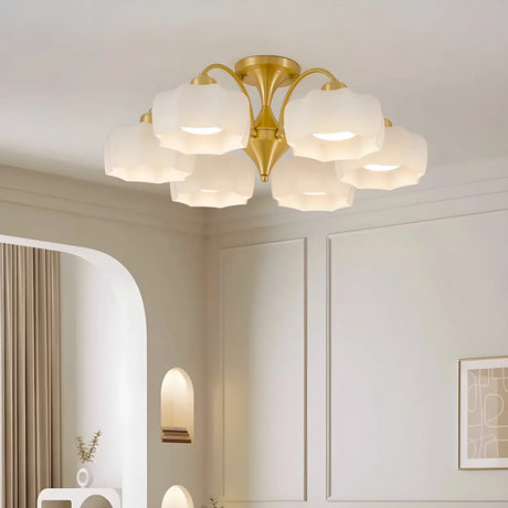 Living Room Flower Glass Semi-Flush Mount Light 8-Light Image - 2