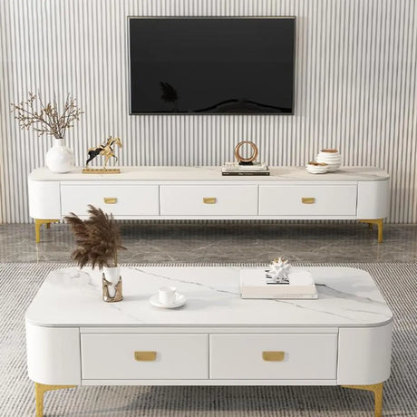 Living Room Glam White Glass TV Stand with Legs Image - 1