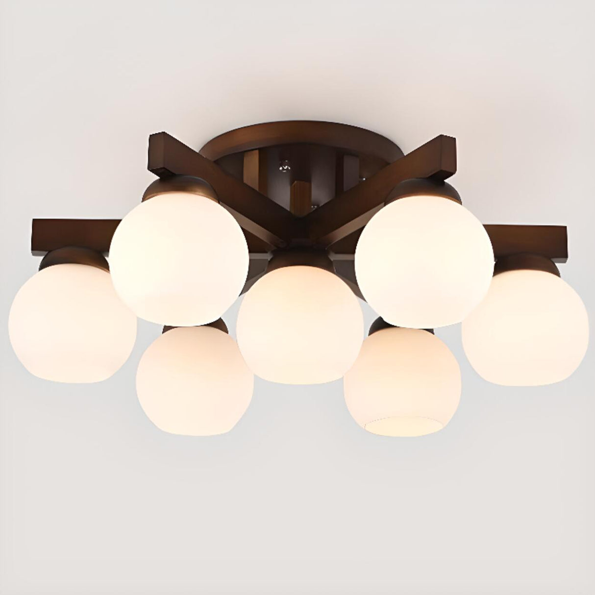 Living Room Globe Wood Semi-Flush Mount Light 9-Light Image - 10