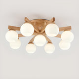 Living Room Globe Wood Semi-Flush Mount Light 9-Light Image - 5