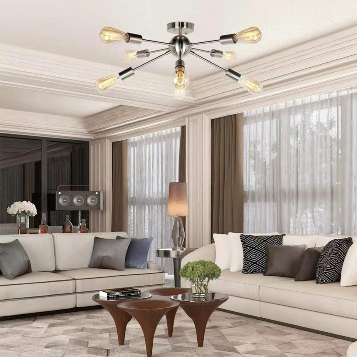 Living Room Industrial Semi-Flush Mount Light 10-Light Image - 3
