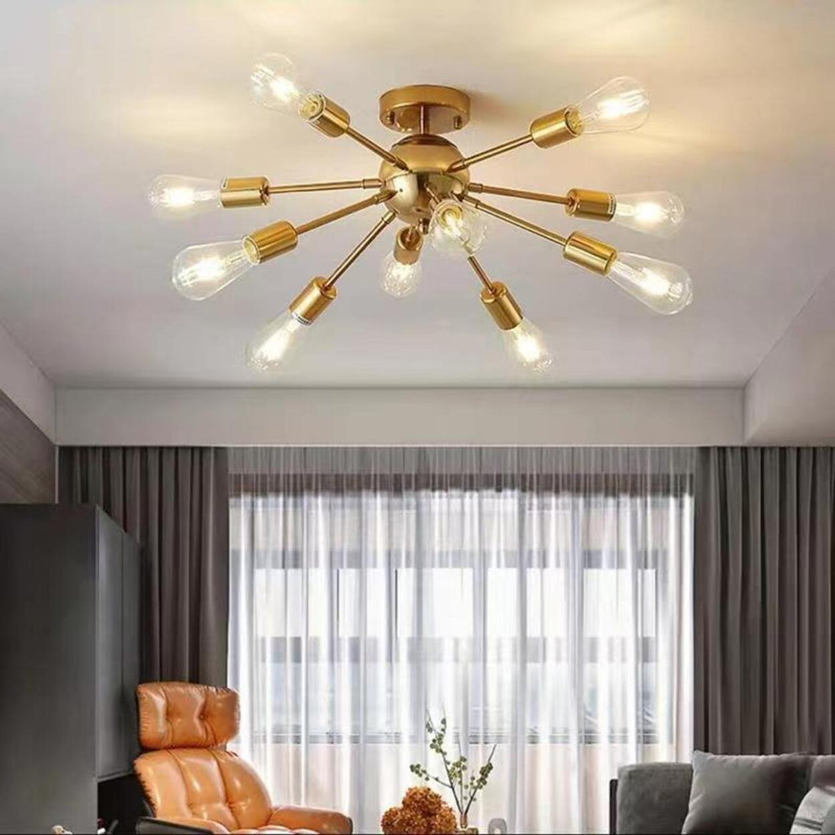 Living Room Industrial Semi-Flush Mount Light 10-Light Image - 4