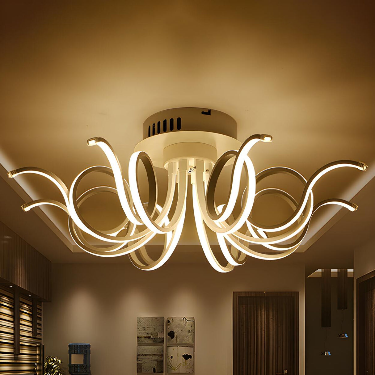 Living Room Large White Curly LED Flush Mount Light Image - 11