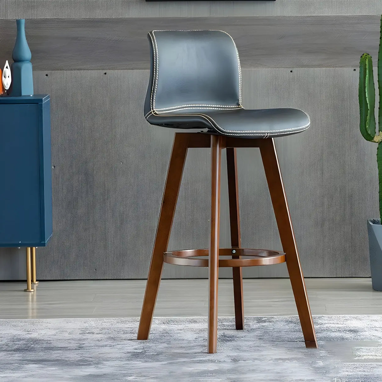 Living Room Leather Saddle Seat Backrest Wood Bar Stool Image - 12