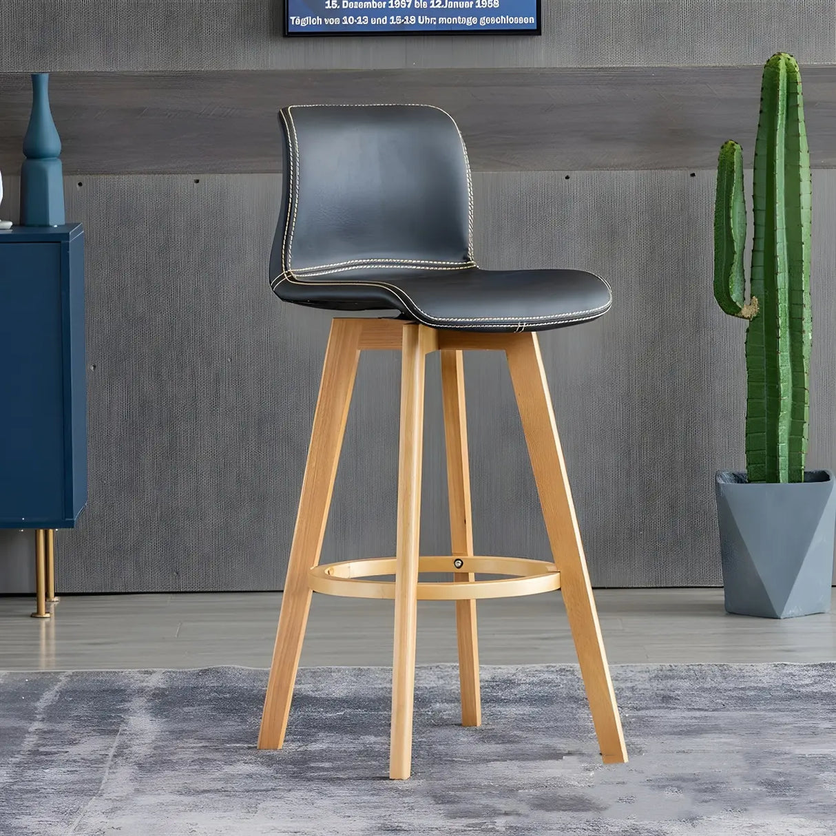 Living Room Leather Saddle Seat Backrest Wood Bar Stool Image - 14