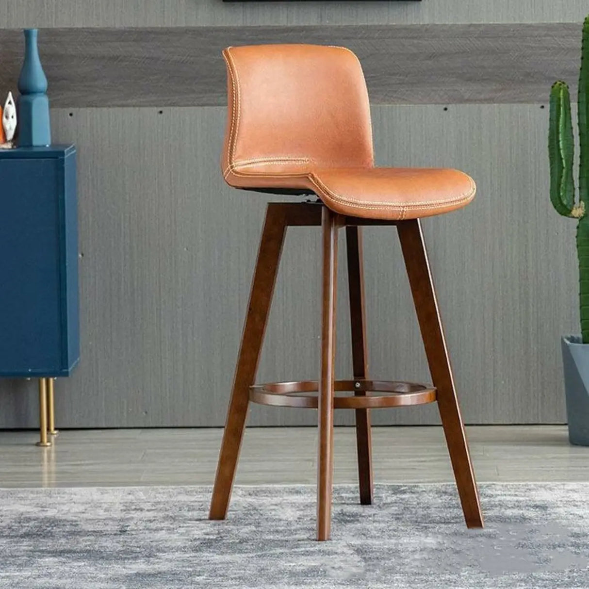 Living Room Leather Saddle Seat Backrest Wood Bar Stool Image - 16
