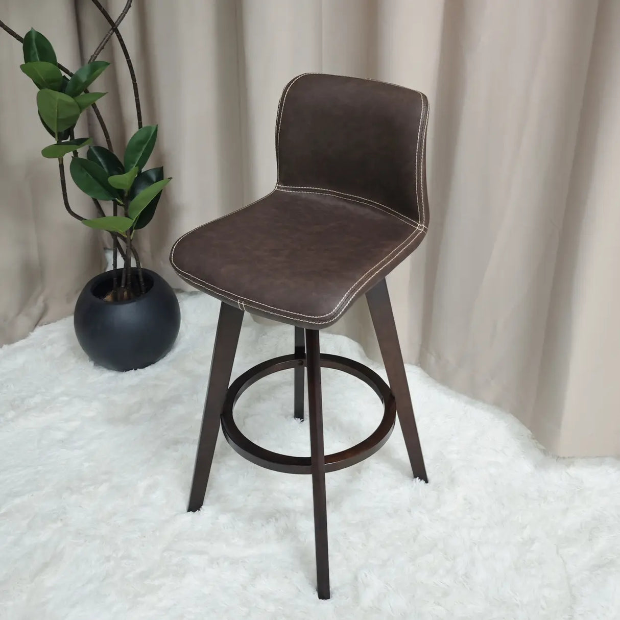 Living Room Leather Saddle Seat Backrest Wood Bar Stool Image - 17