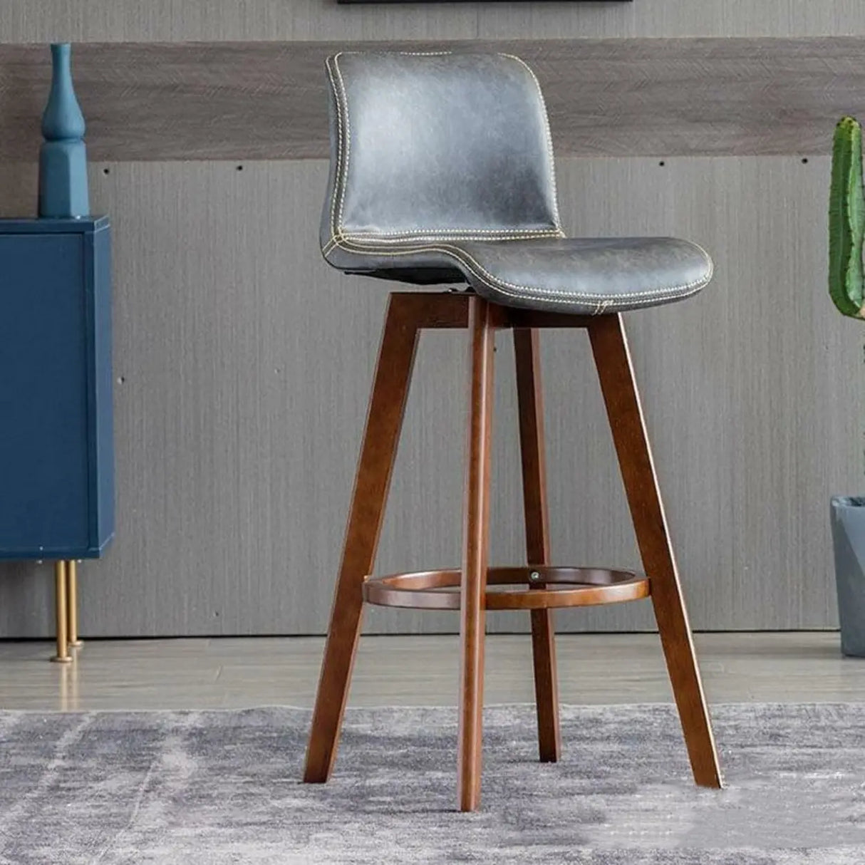 Living Room Leather Saddle Seat Backrest Wood Bar Stool Image - 18