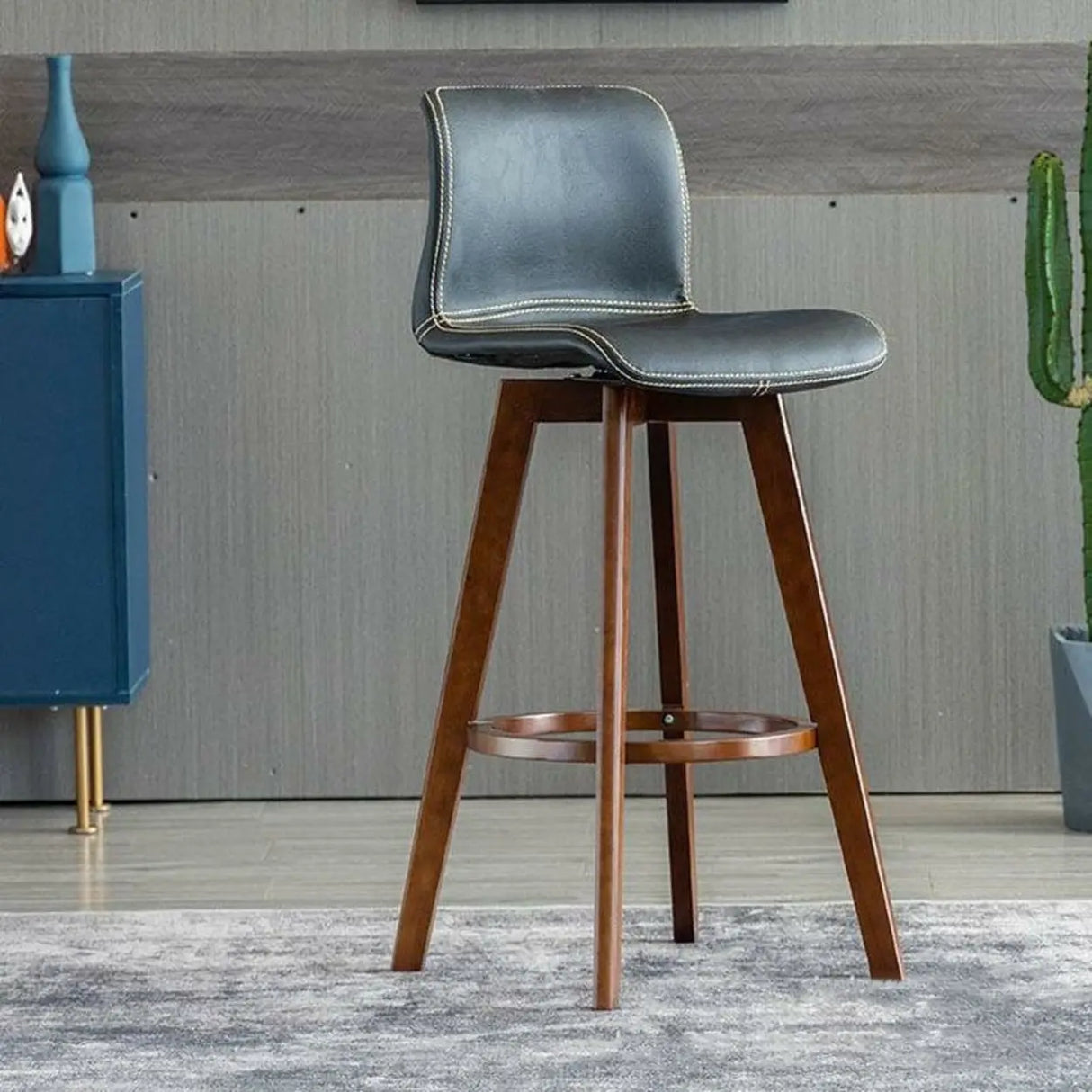 Living Room Leather Saddle Seat Backrest Wood Bar Stool Image - 19