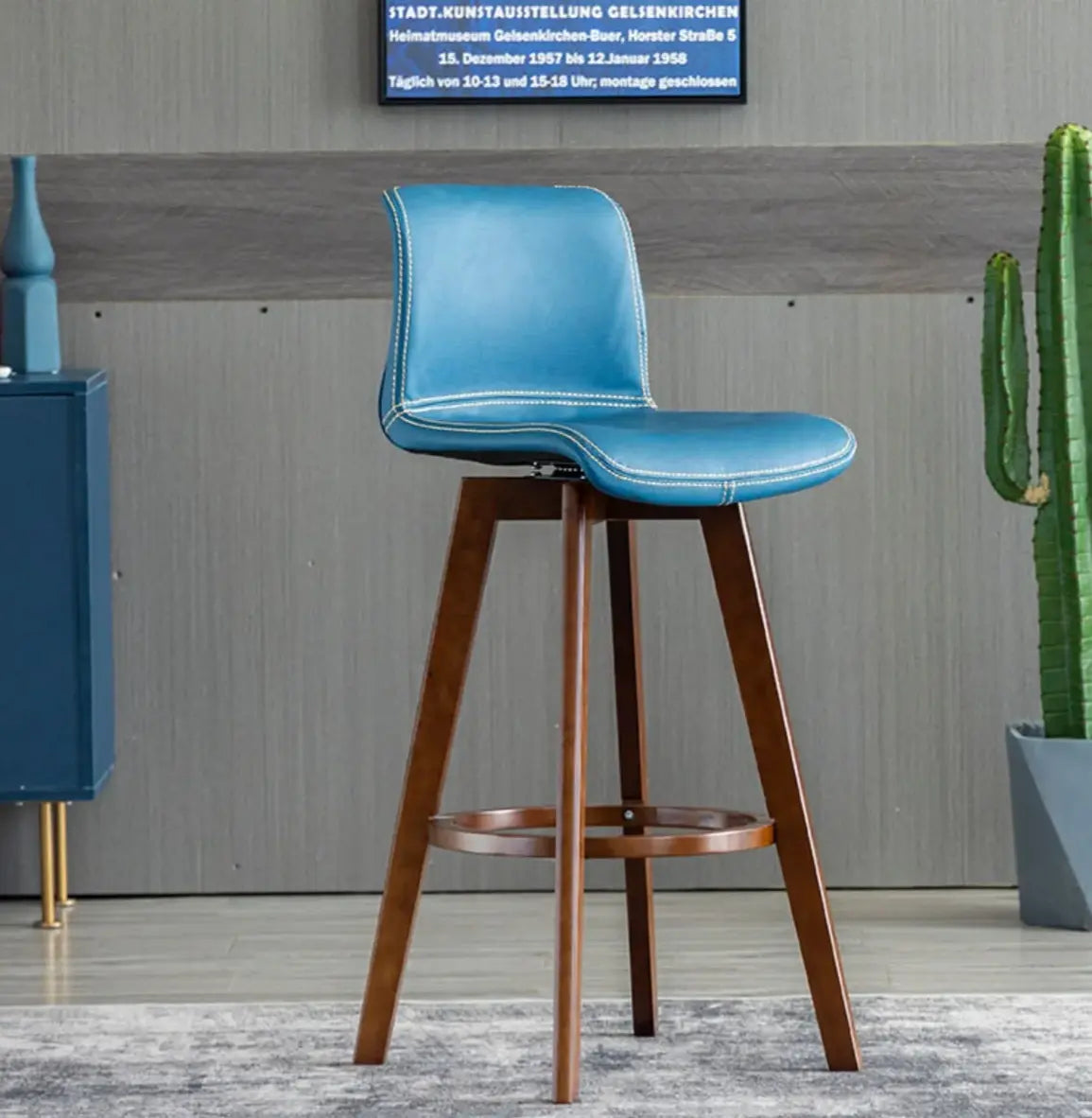 Living Room Faux Leather Saddle Seat Backrest Wood Bar Stool