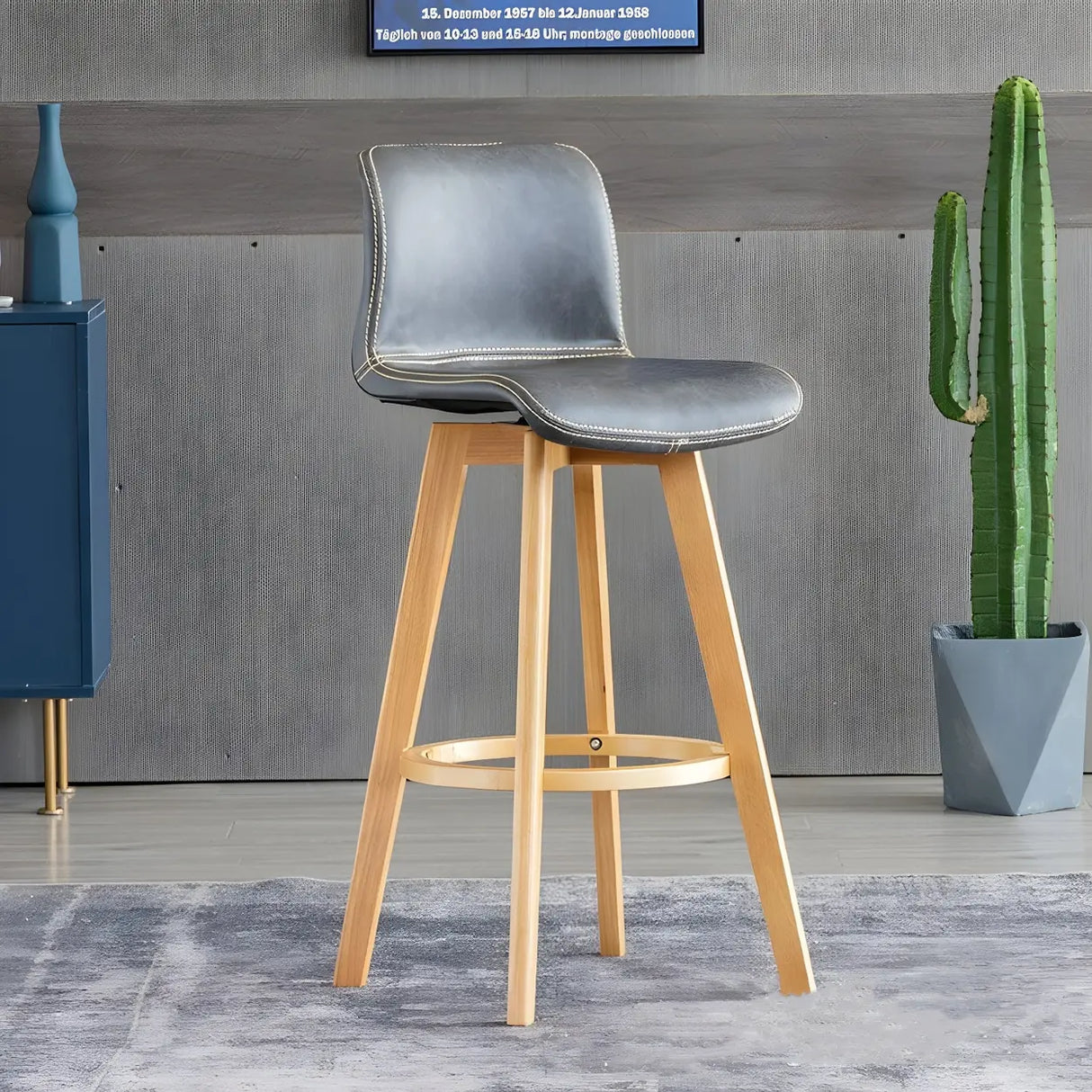 Living Room Leather Saddle Seat Backrest Wood Bar Stool Image - 7