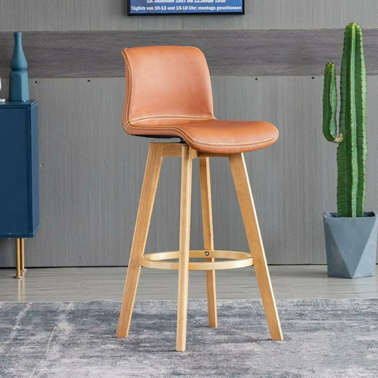 Living Room Leather Saddle Seat Backrest Wood Bar Stool Image - 9