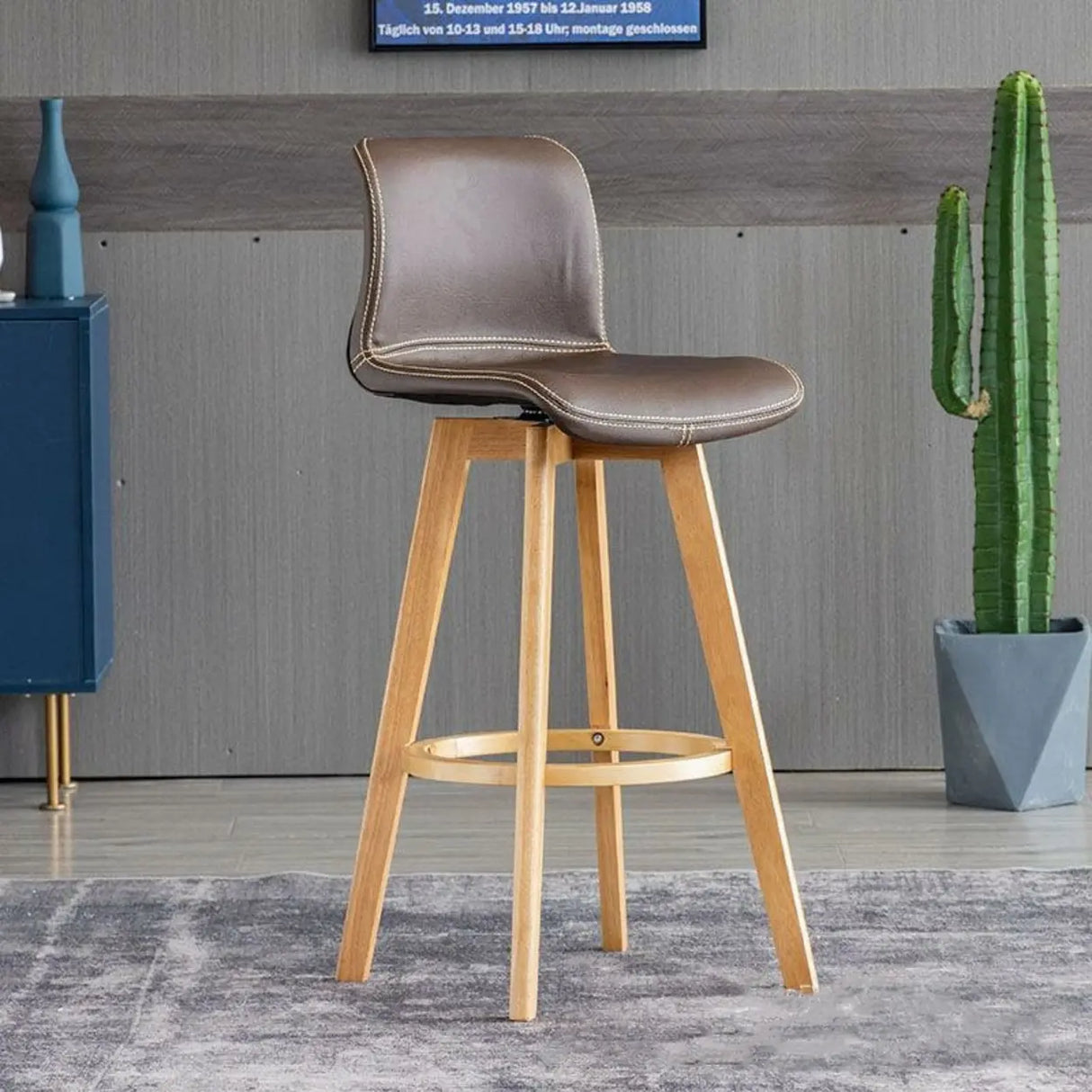 Living Room Leather Saddle Seat Backrest Wood Bar Stool Image - 11