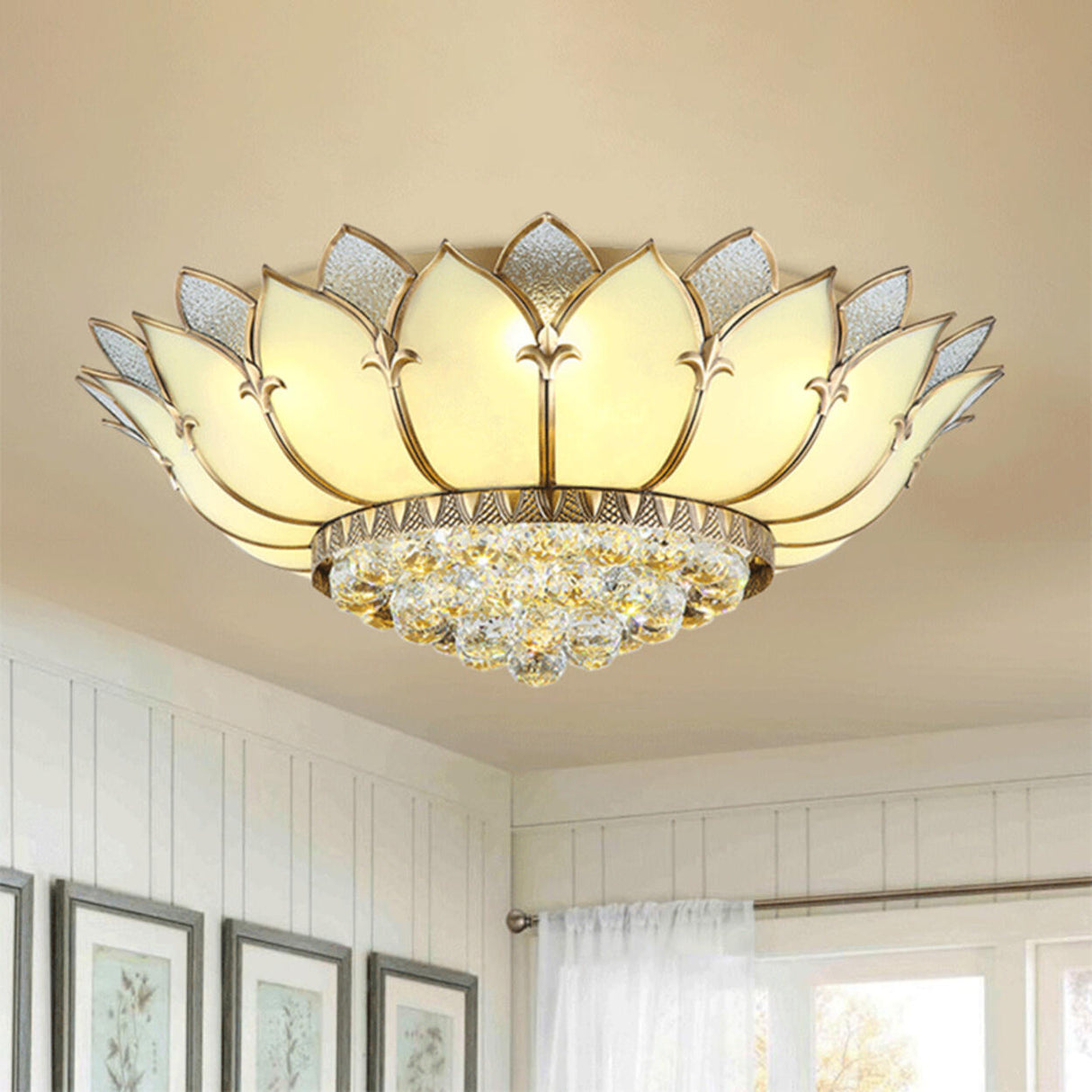 Living Room Luxury Gold Lotus Semi-Flush Mount Light Image - 14