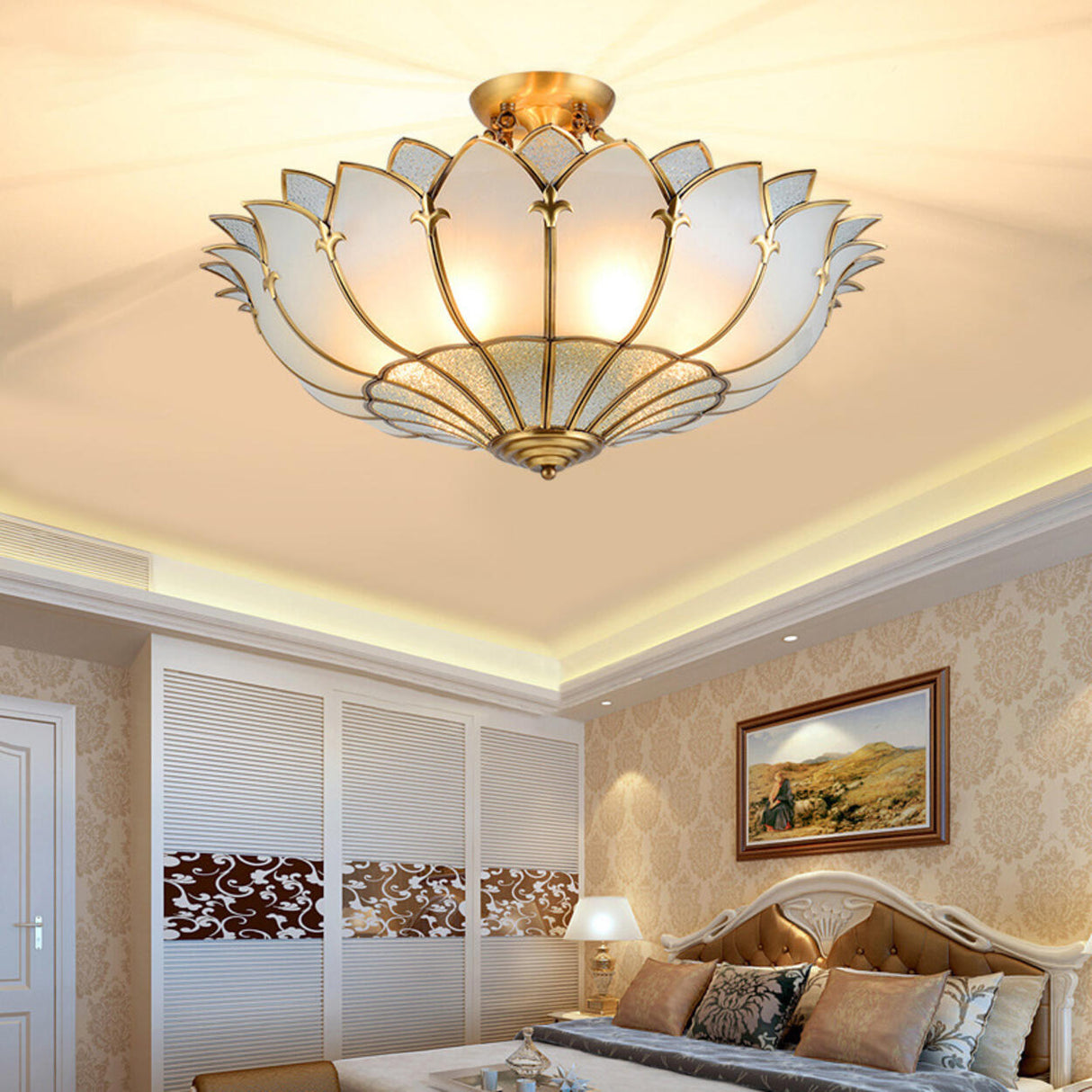 Living Room Luxury Gold Lotus Semi-Flush Mount Light Image - 15