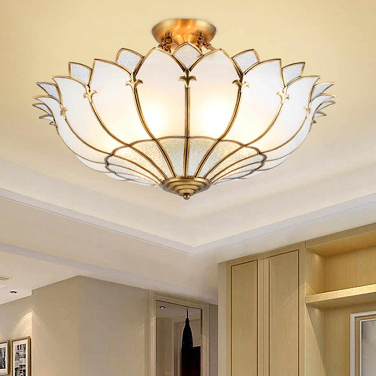 Living Room Luxury Gold Lotus Semi-Flush Mount Light Image - 3