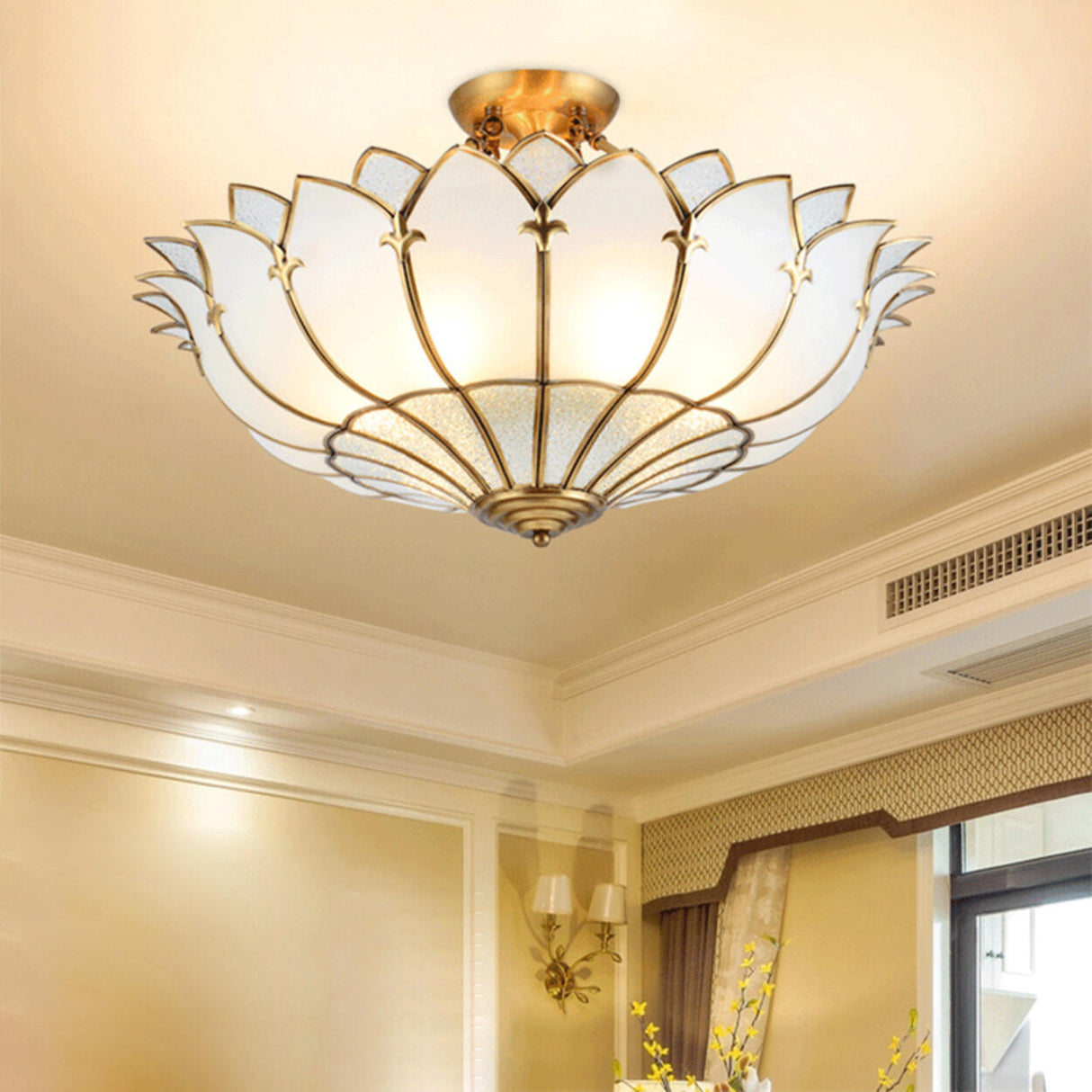 Living Room Luxury Gold Lotus Semi-Flush Mount Light Image - 4