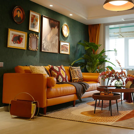 Living Room Orange Leather Reception Sofa with Arms Image - 1