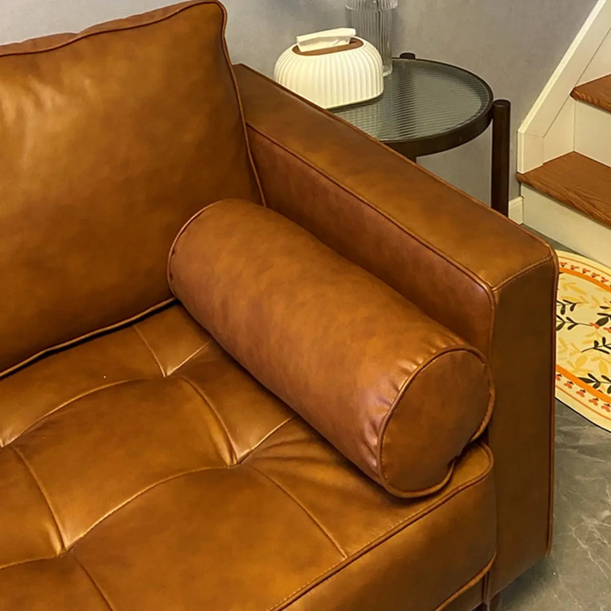 Living Room Orange Leather Reception Sofa with Arms Image - 4