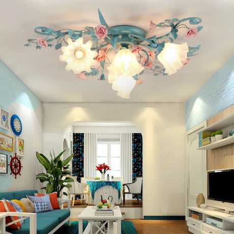 Living Room Romantic Floral Glass Semi-Flush Mount Lamp Image - 1