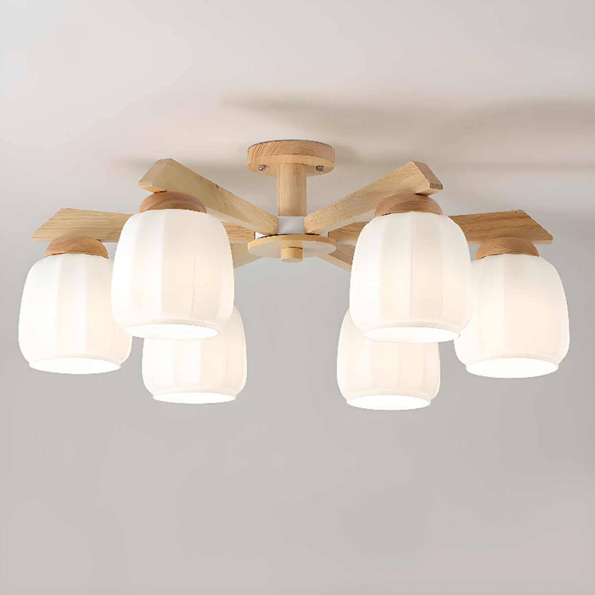 Living Room Rustic 6-Light Wood Semi-Flush Mount Light Image - 8
