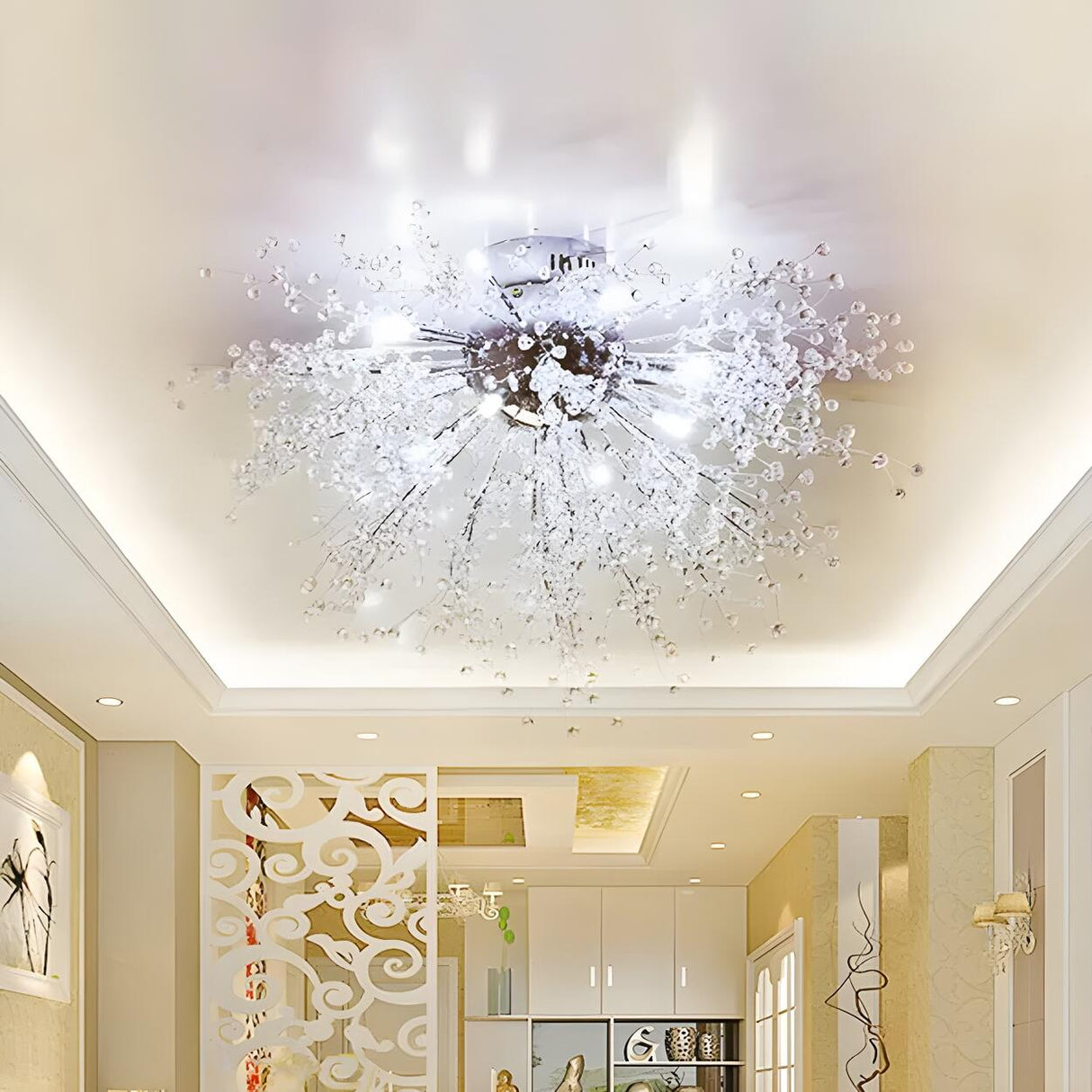 Living Room Silver Firework Crystal Flush Mount Light Image - 3