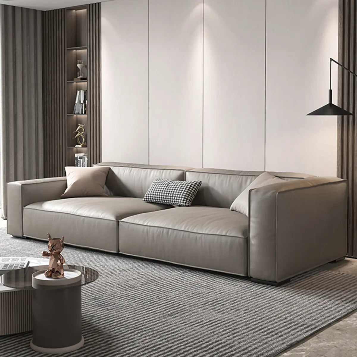 Living Room Spacious Grey Leather Wood Frame Sofa Image - 1