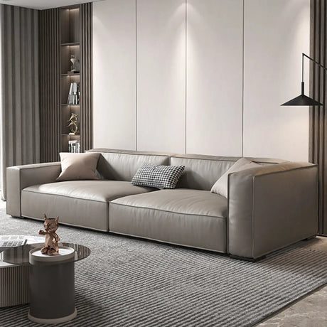 Living Room Spacious Grey Leather Wood Frame Sofa Image - 1