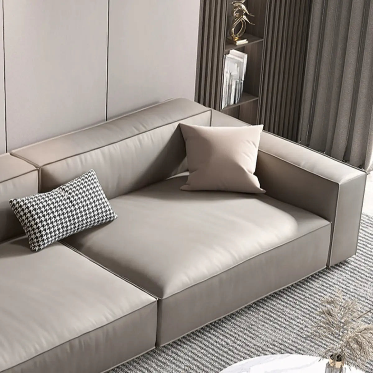 Living Room Spacious Grey Leather Wood Frame Sofa Image - 10