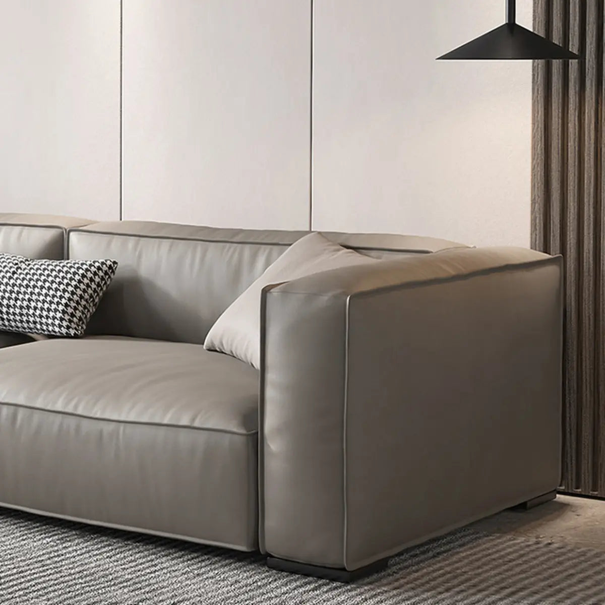 Living Room Spacious Grey Leather Wood Frame Sofa Image - 9