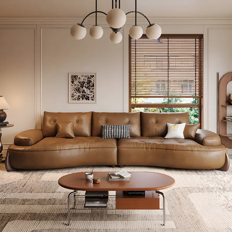 Living Room Tan Curved Leather Wooden Frame Sofa Image - 1
