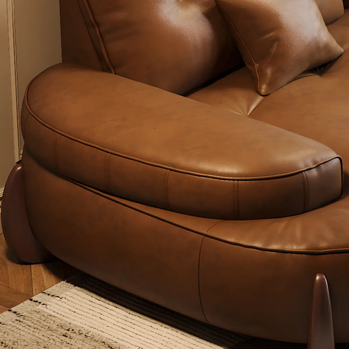 Living Room Tan Curved Leather Wooden Frame Sofa Image - 10