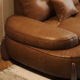 Living Room Tan Curved Leather Wooden Frame Sofa Image - 10