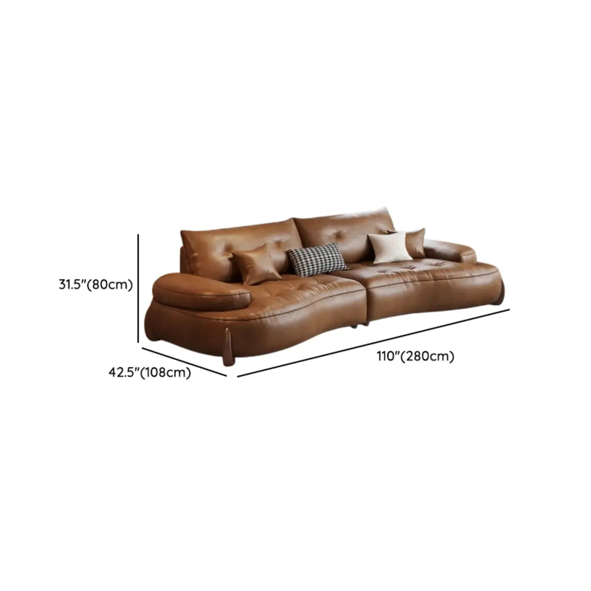 Living Room Tan Curved Leather Wooden Frame Sofa Image - 12
