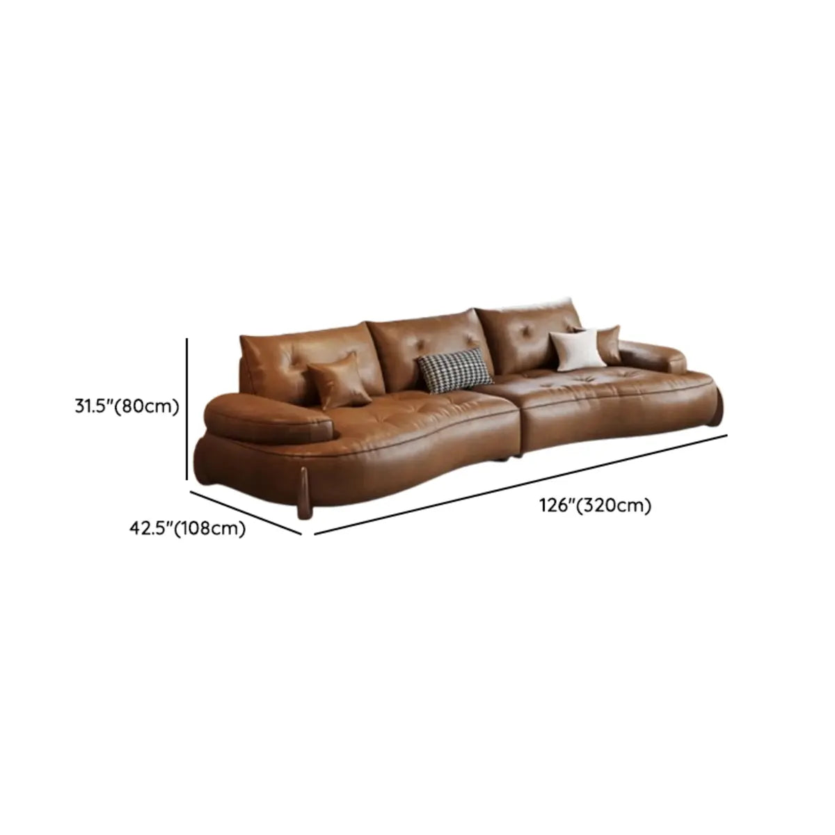 Living Room Tan Curved Leather Wooden Frame Sofa Image - 14