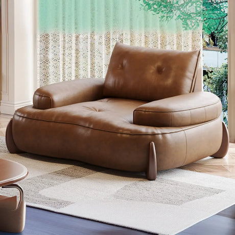 Living Room Tan Curved Leather Wooden Frame Sofa Image - 2