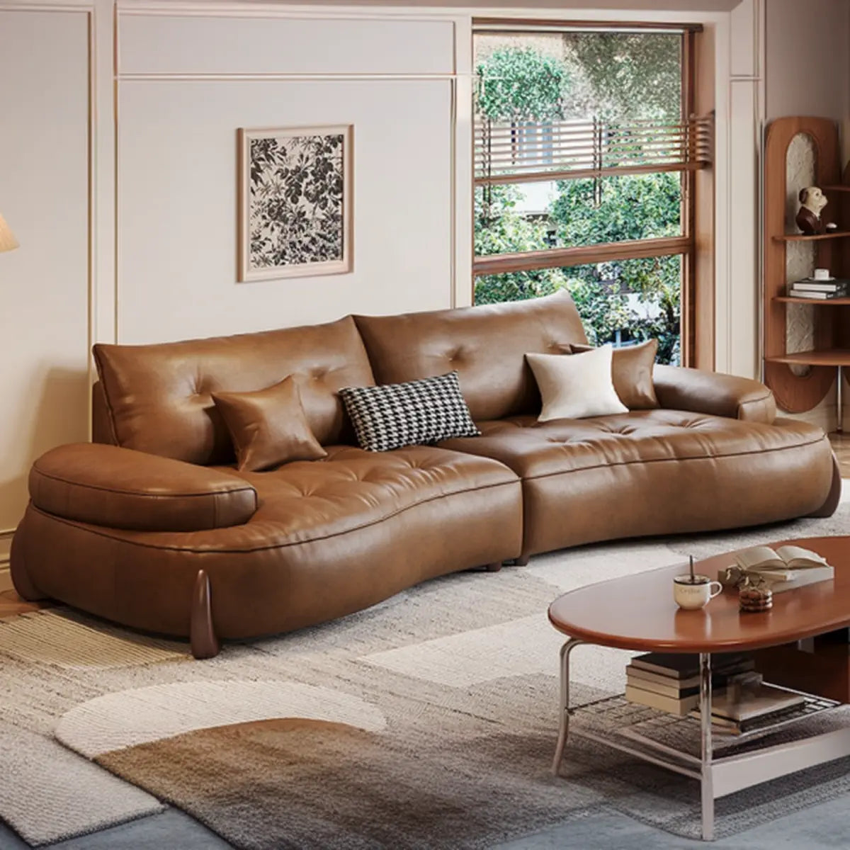 Living Room Tan Curved Leather Wooden Frame Sofa Image - 3