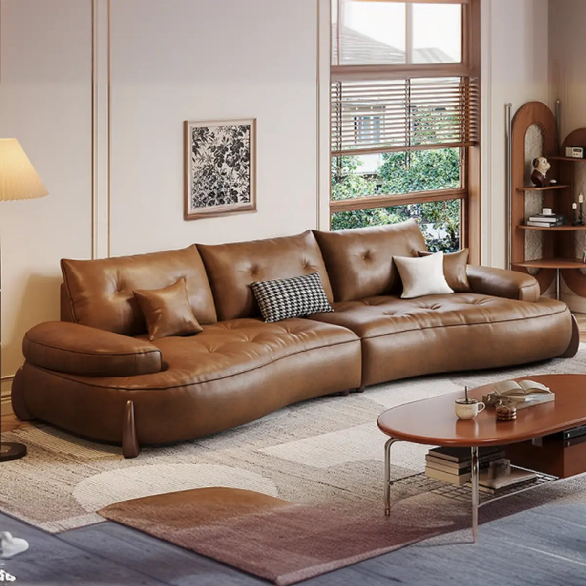 Living Room Tan Curved Leather Wooden Frame Sofa Image - 5