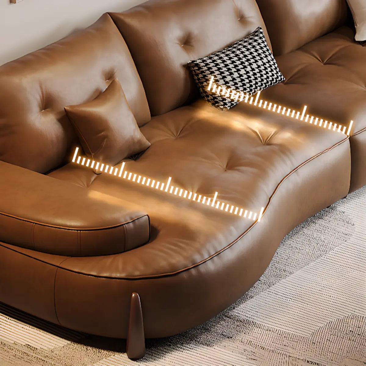 Living Room Tan Curved Leather Wooden Frame Sofa Image - 6