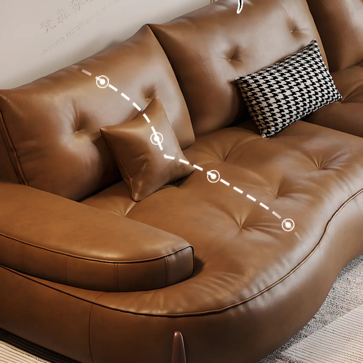 Living Room Tan Curved Leather Wooden Frame Sofa Image - 8