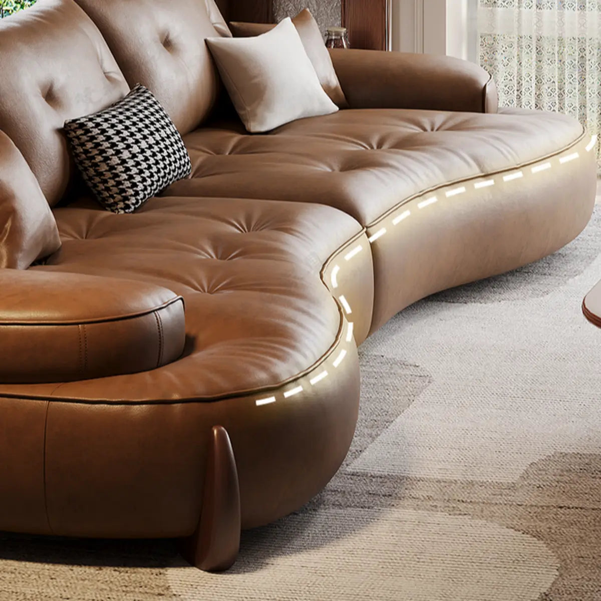 Living Room Tan Curved Leather Wooden Frame Sofa Image - 9