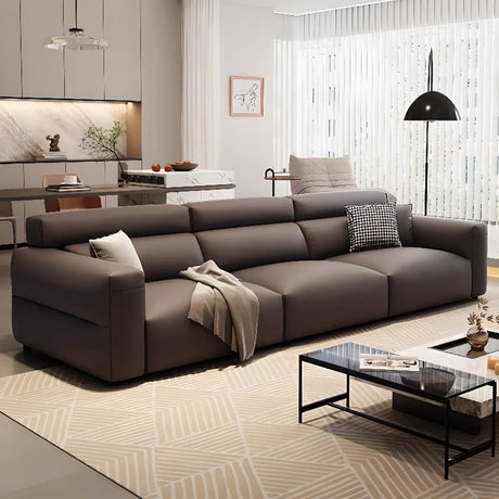 Living Room Tan Leather Wood Frame Three Seater Sofa Image - 1