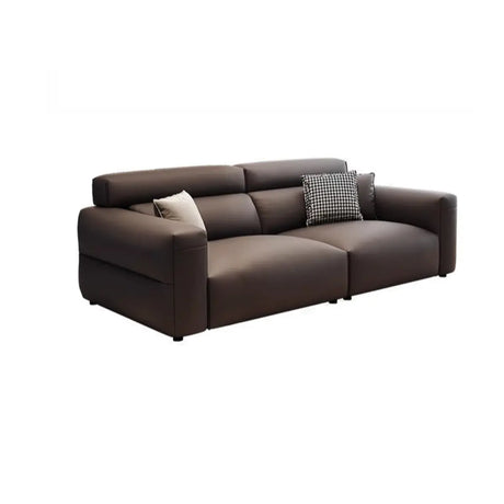 Living Room Tan Leather Wood Frame Three Seater Sofa Image - 2