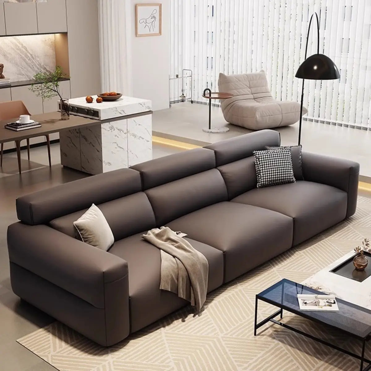 Living Room Tan Leather Wood Frame Three Seater Sofa Image - 3